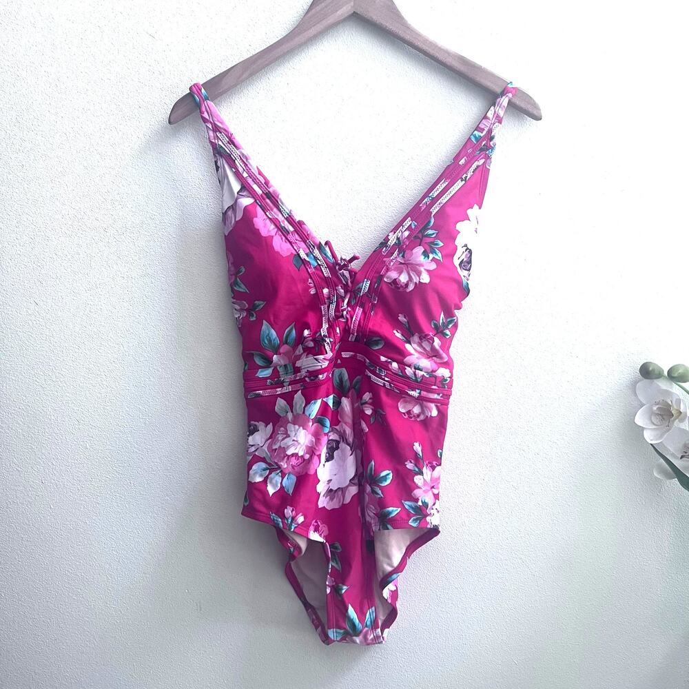 Kona Sol Floral One Piece Swimsuit Red Lace‎ Up NWT Women's Size Large